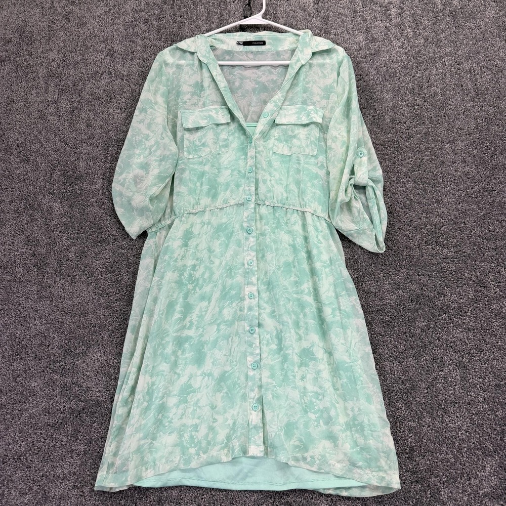 Maurices Shirt Dress Womens XL Green Blue Floral Collared Lined Chiffon Knee